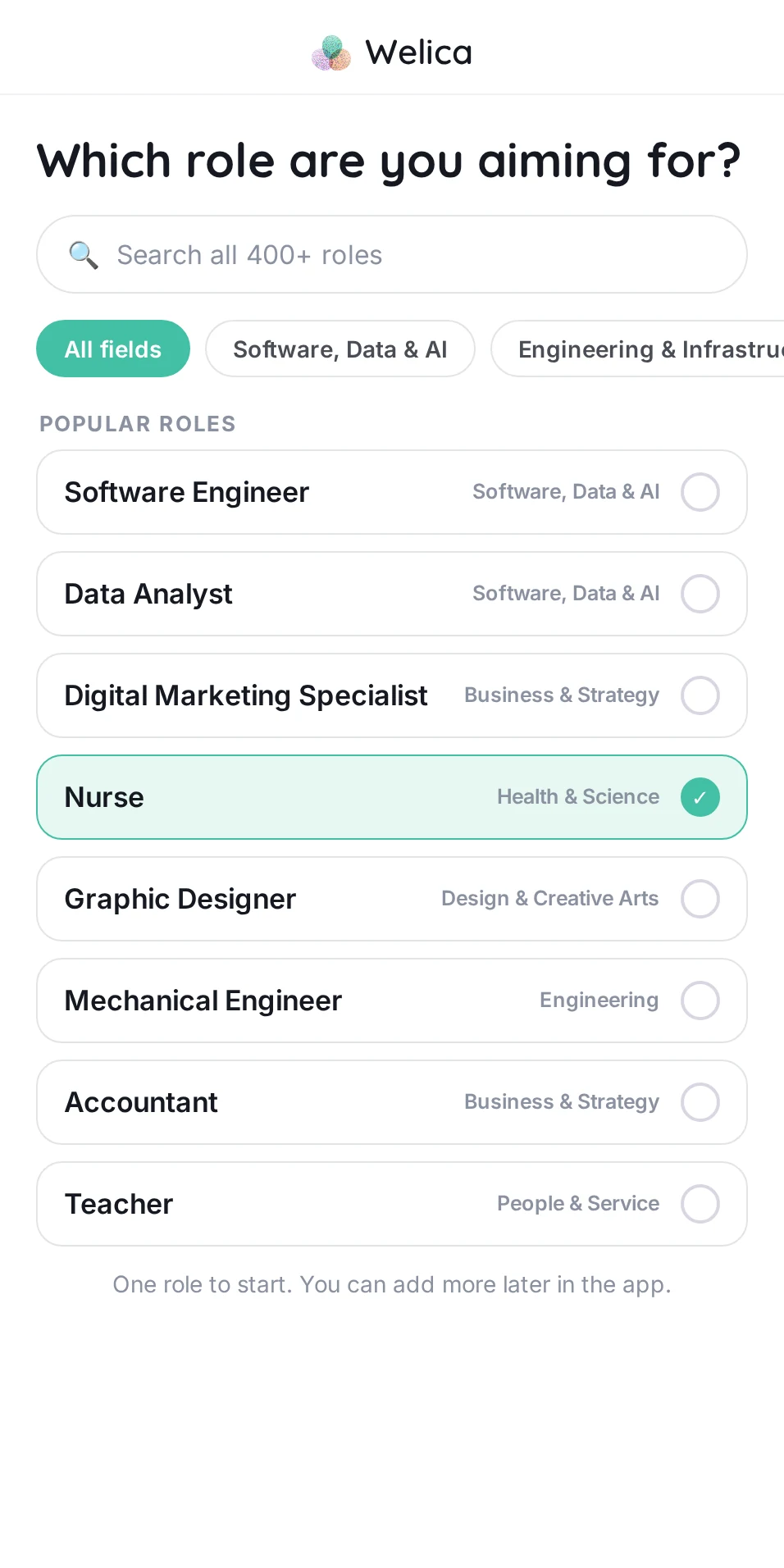 Choosing a role in the Welica app