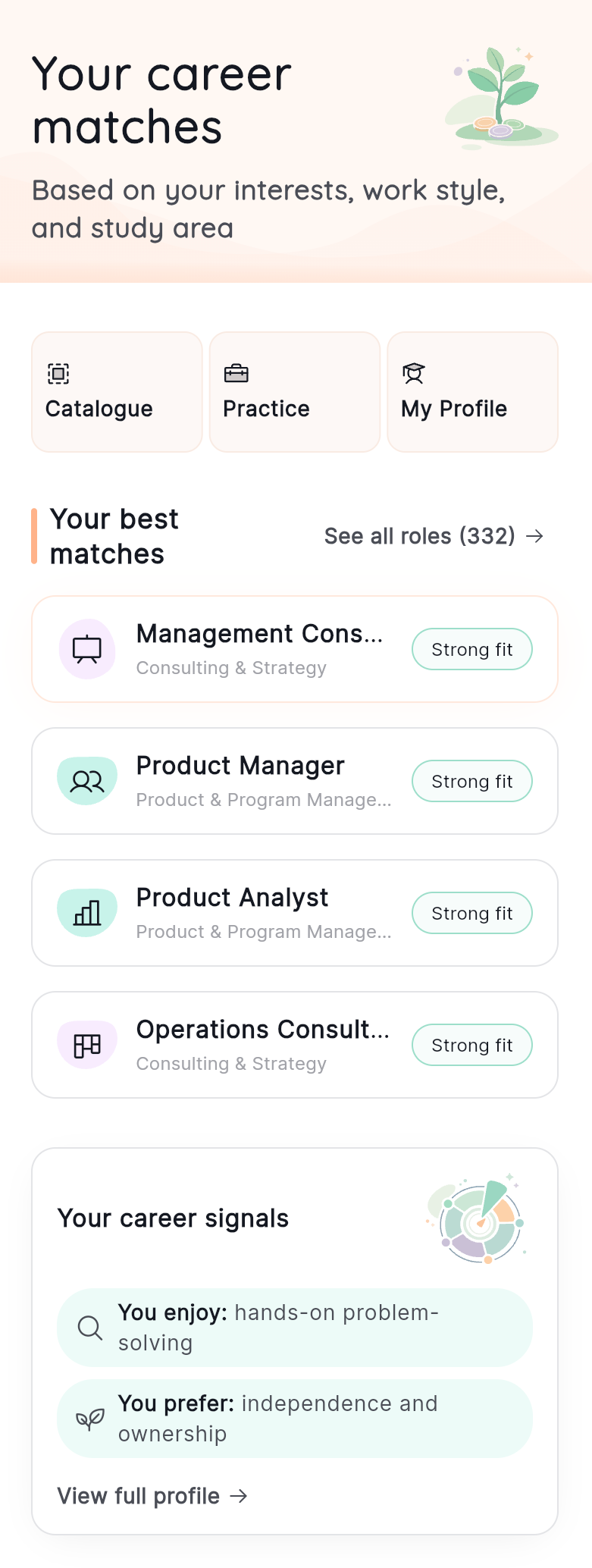 Welica Careers screen — best matches list with career signals