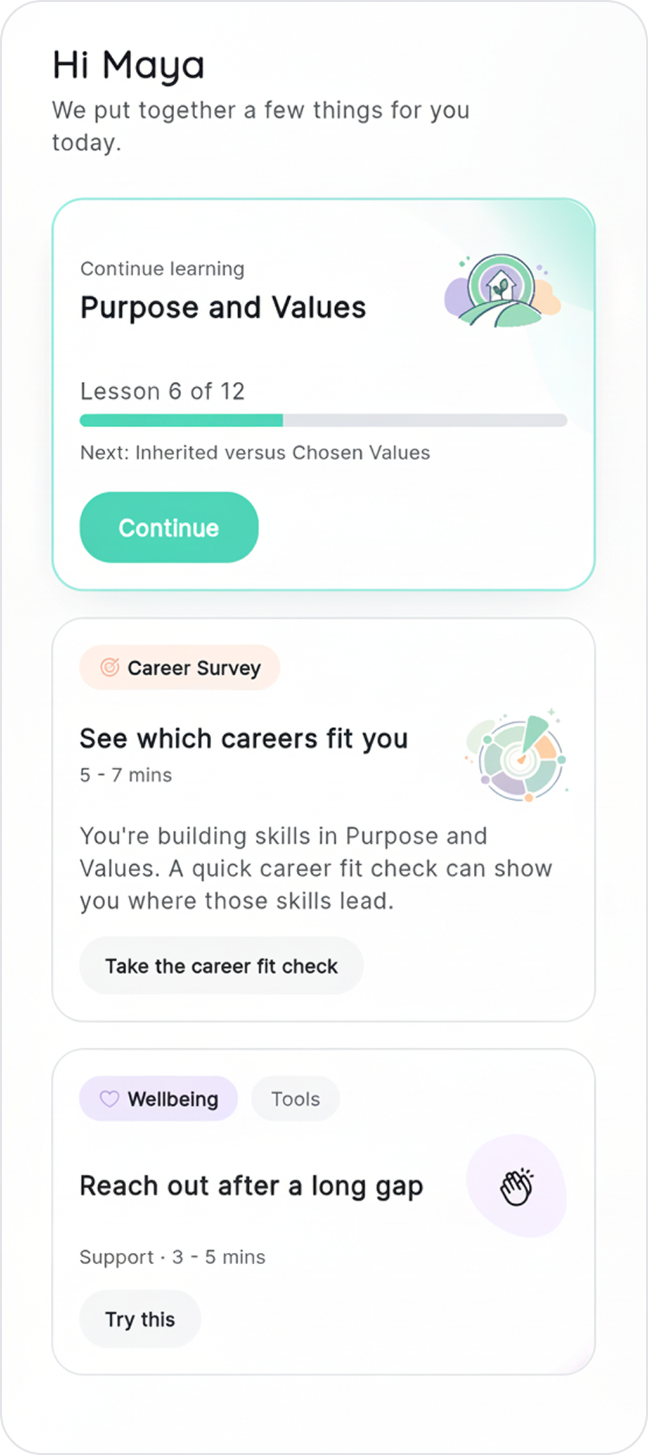 Welica home screen — daily learning, career survey, and wellbeing tools